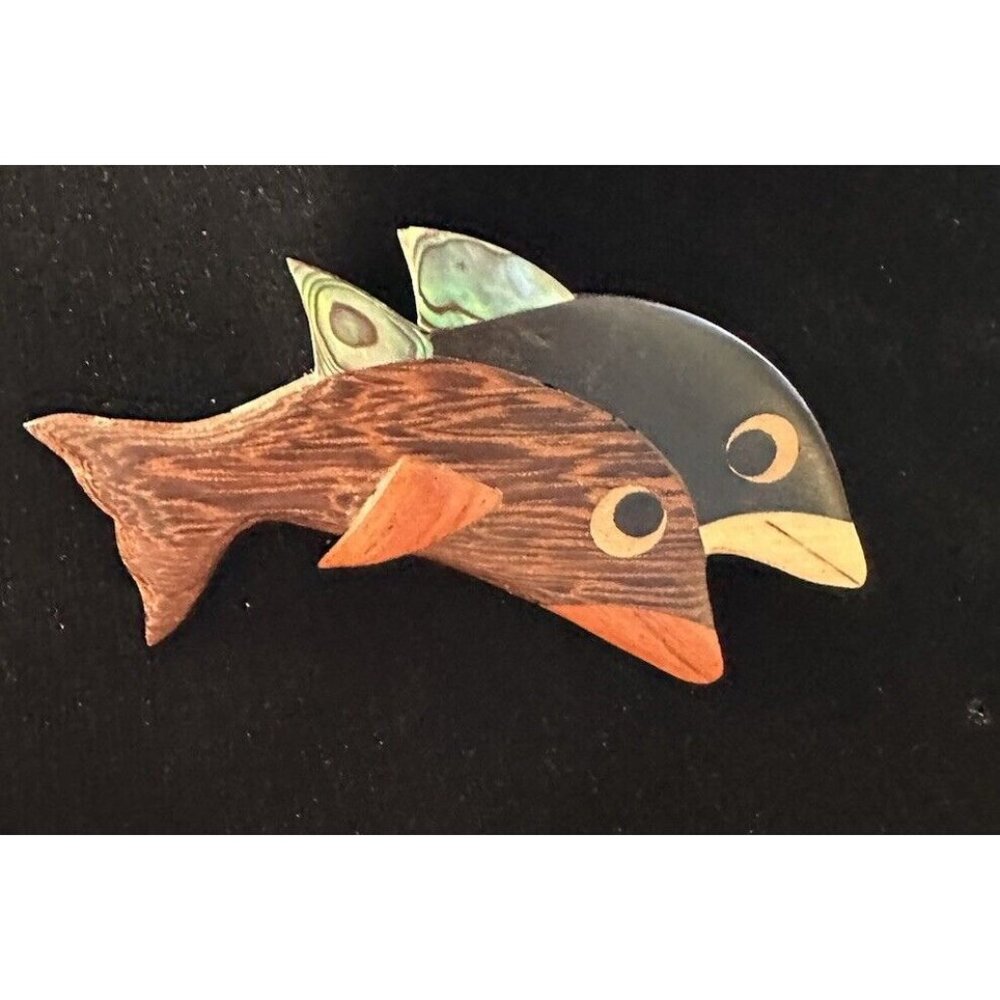 Wood Wooden Double Fish Dolphin Pin Brooch Abalone